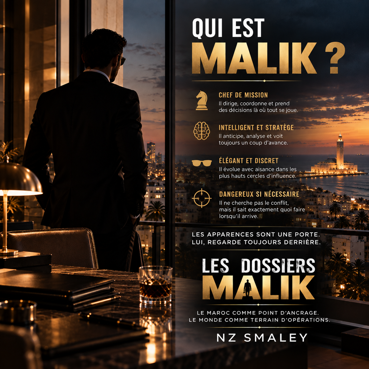 Malik, personnage central des Dossiers Malik, représenté de dos face à Casablanca